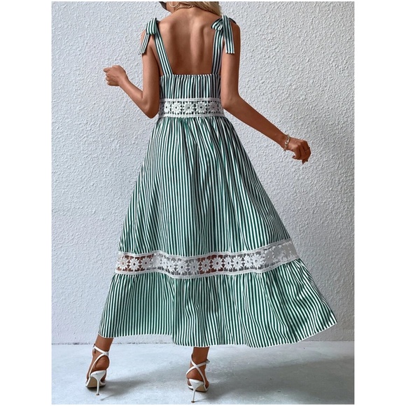 Boho Stripes Floral Lace Inserts Tie Maxi Dress - Picture 9 of 12